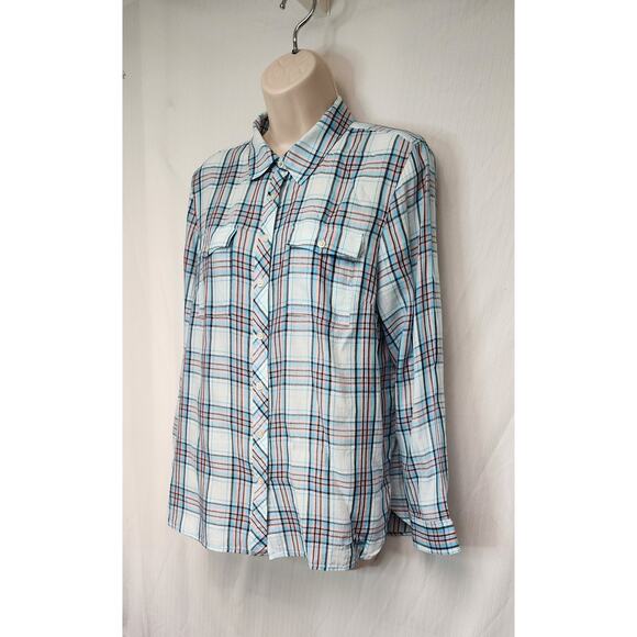 Talbots Plaid Blue/Peach Roll-Tab Sleeve Button Down Shirt Size LP - Picture 3 of 8